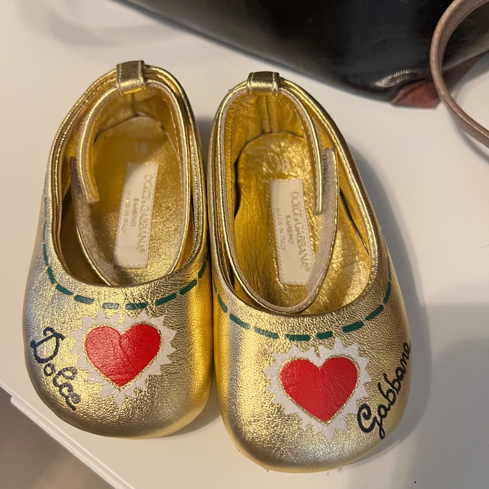 Dolce & Gabbana Gold Baby Shoes with Heart Design